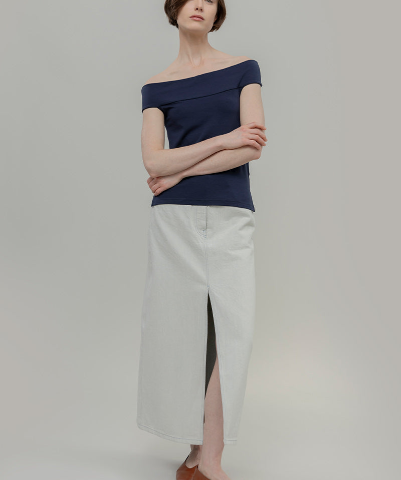 Top Spalle Scoperte Scollo Bardot Viscosa Blu Rosalia - Rifò Lab Moda circolare made in Italy